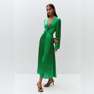 MANGO Green V-Neck Twist Front Dress